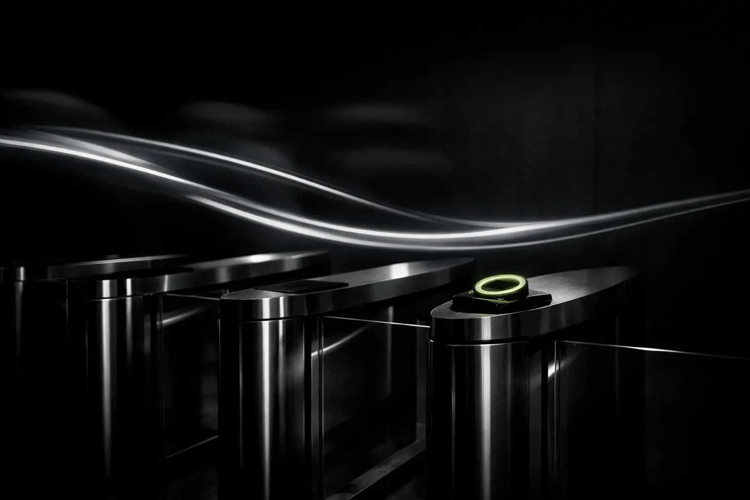 A security checkpoint inside a high-tech corporate lobby, but instead of people, blank humanoid service robots queue for…