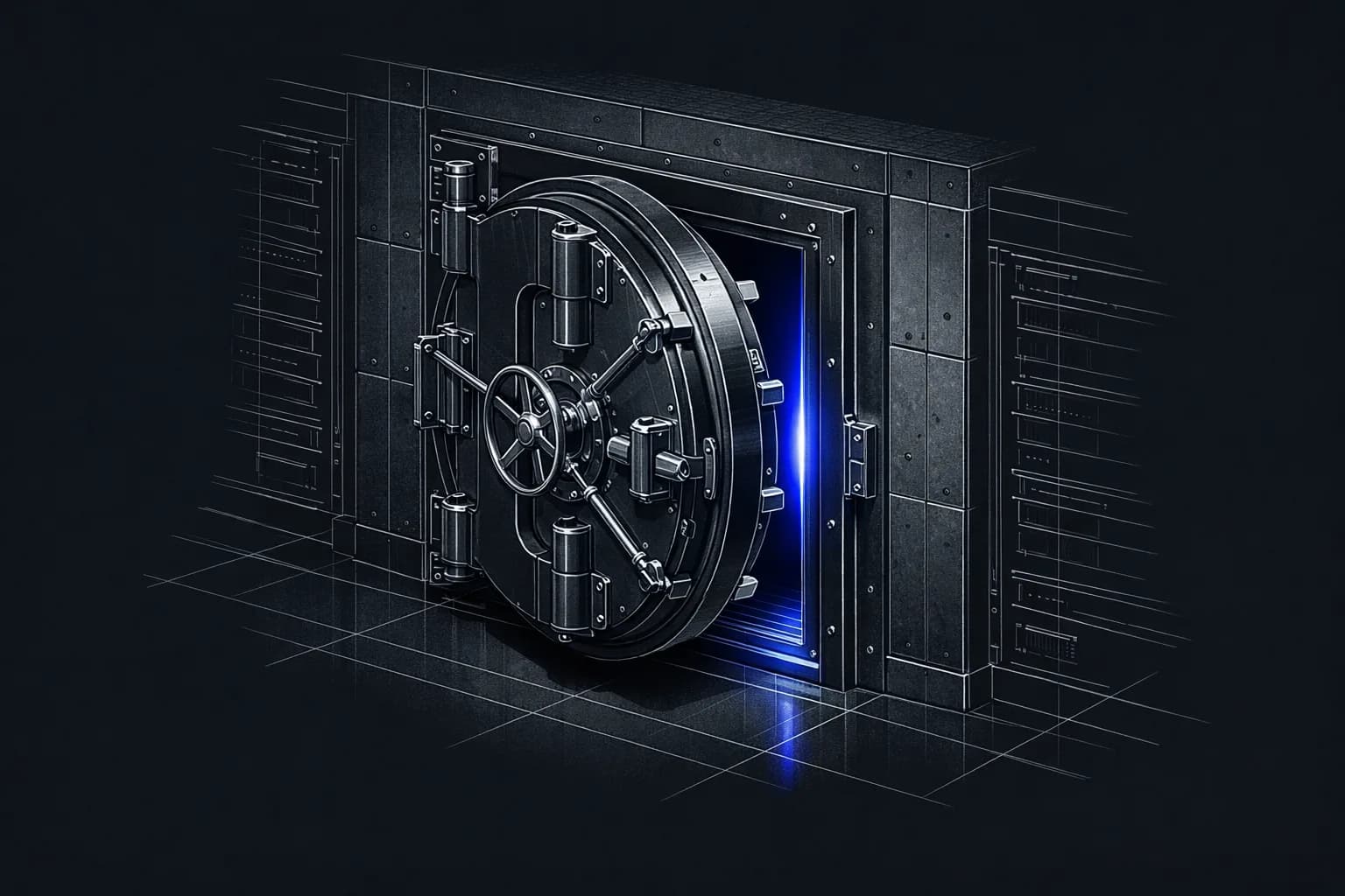 A close-up of a heavy steel vault door set in a high-tech server room, surrounded by cold LED lighting.