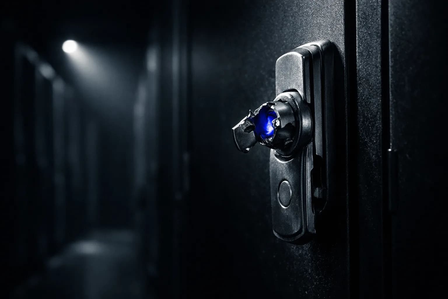 A sleek, high-security server room with a single broken lock on one cabinet, illuminated by a harsh spotlight amid cool…