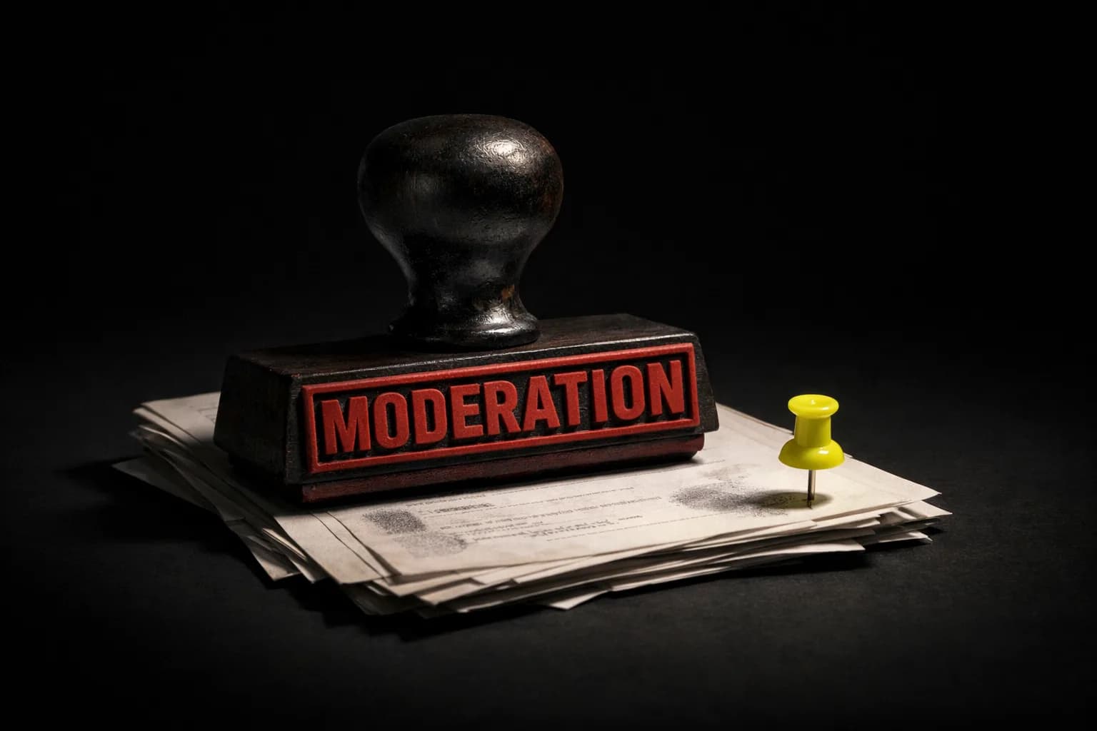 A close-up of a large, tactile red 'moderation' stamp poised above a stack of chat message printouts on a desk, illuminated…