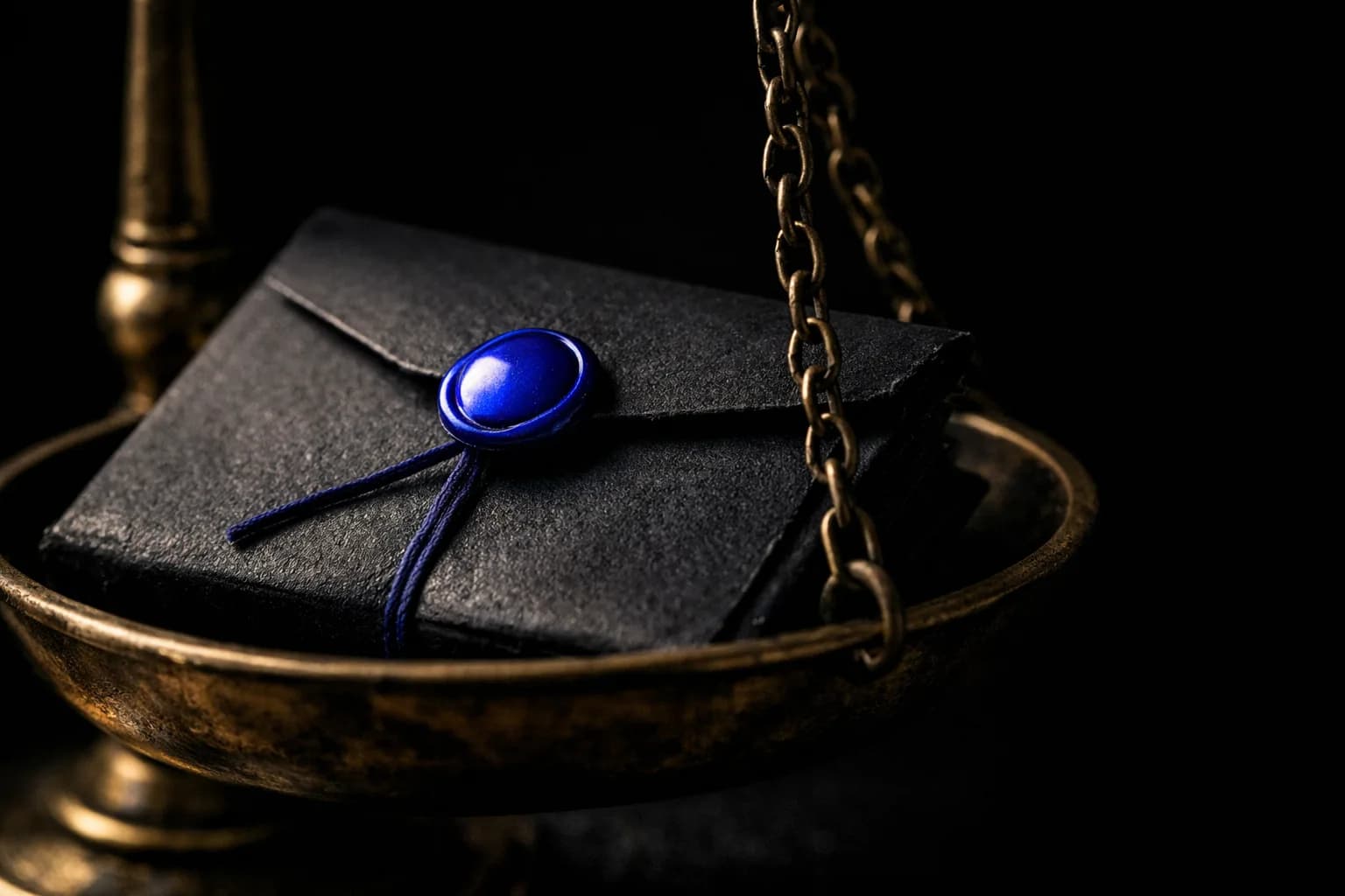 A brass balance scale sitting on a polished boardroom table, one side weighted with a sealed folder labeled 'AI Safety,' the…