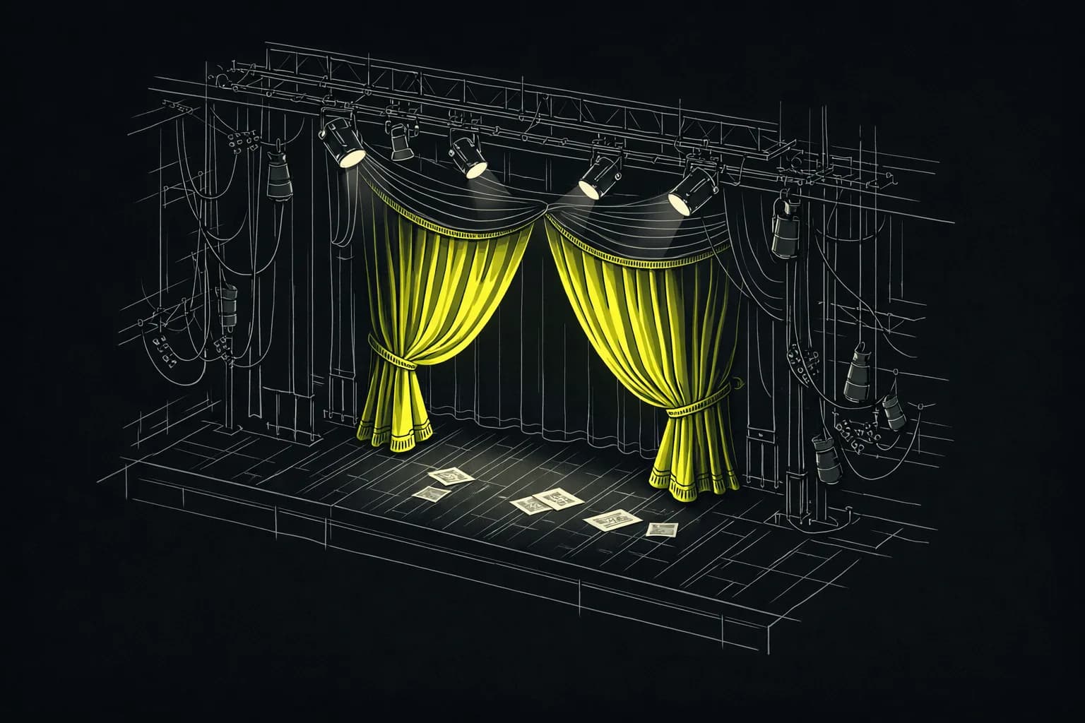 An old-fashioned theater stage with bright spotlights illuminating a magician's curtain, backstage cables visible, and a few…