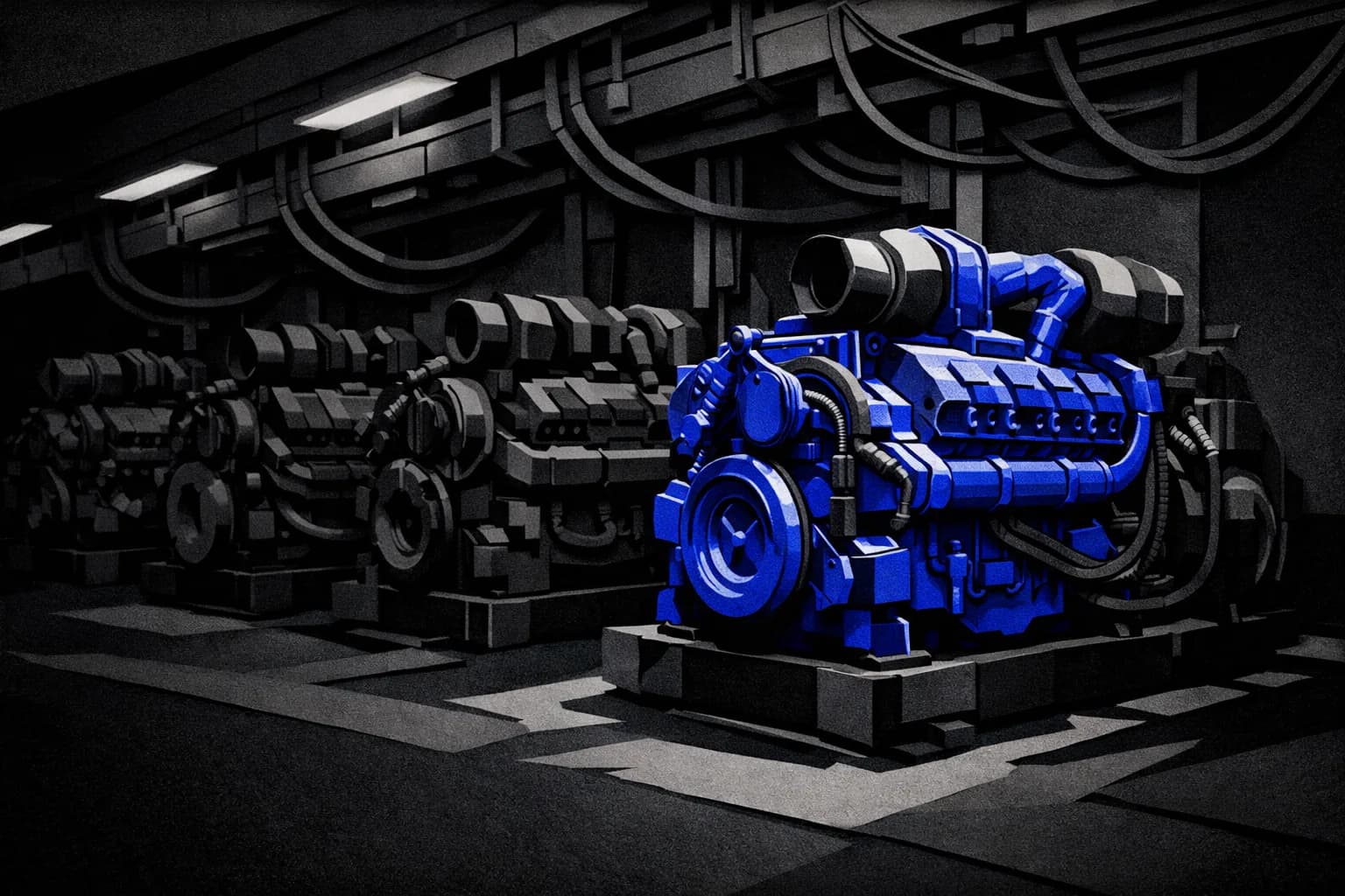 A row of powerful industrial engines, freshly installed in a vast, clean data center aisle.