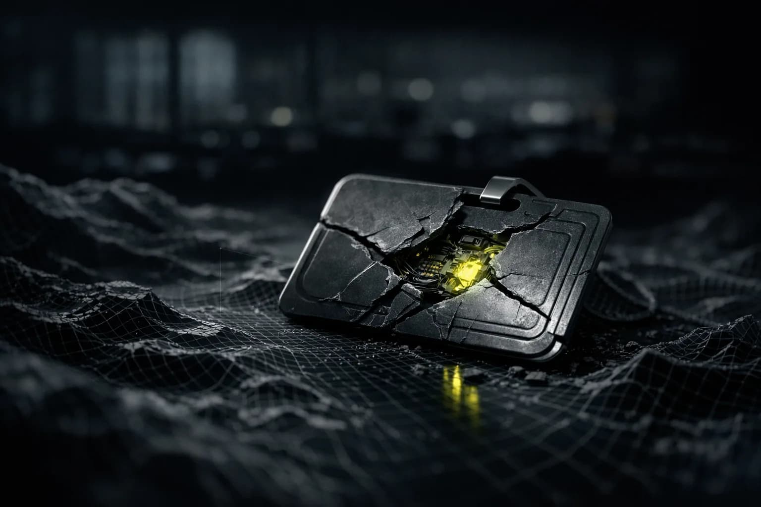 A close-up of a physical security badge with a broken RFID chip, resting on a polished conference table in a dimly lit UN…