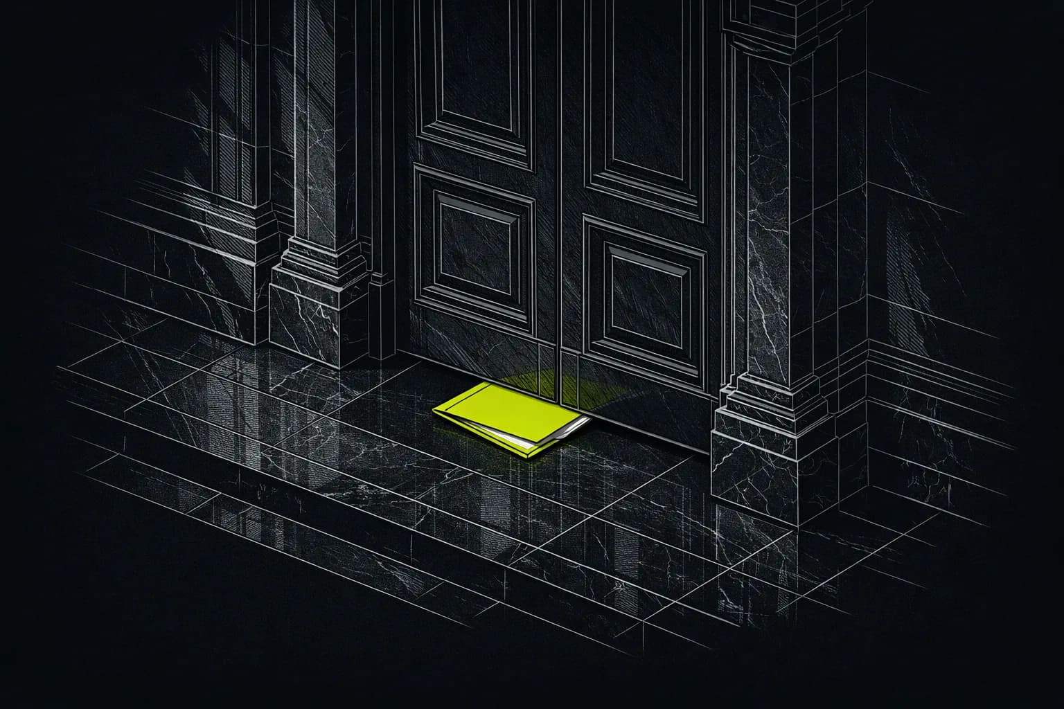 A heavy, closed courtroom door in a grand marble hallway, sunlight filtering through high windows, with a discrete document…