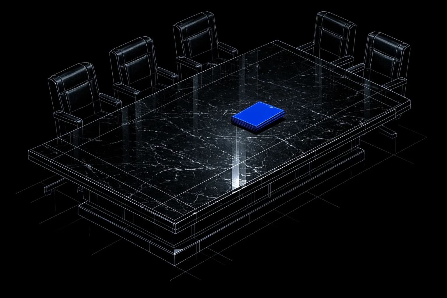 A heavy marble conference table, polished to a mirror sheen, surrounded by empty high-backed chairs in a stately government…
