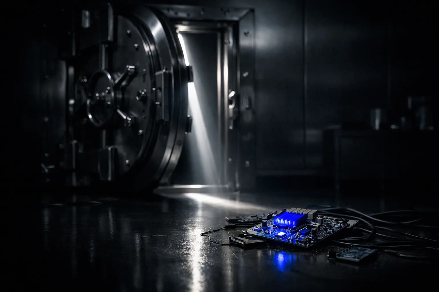 A steel vault door cracked open in a sterile, high-security lab environment, with thin beams of light spilling through the…