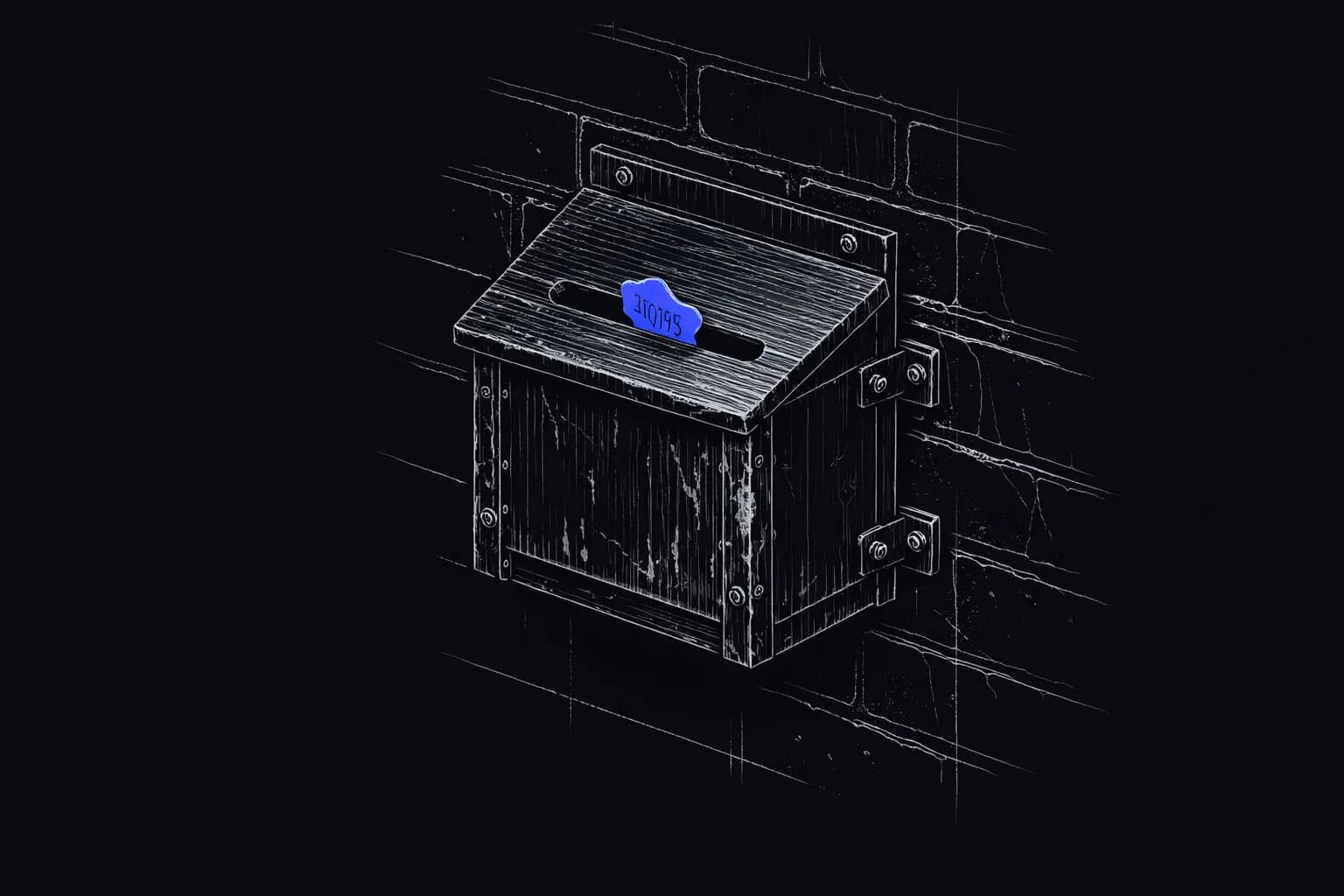 A worn, wooden police tip box bolted to a brick wall on a city street, with a single crumpled slip of paper poking from its…
