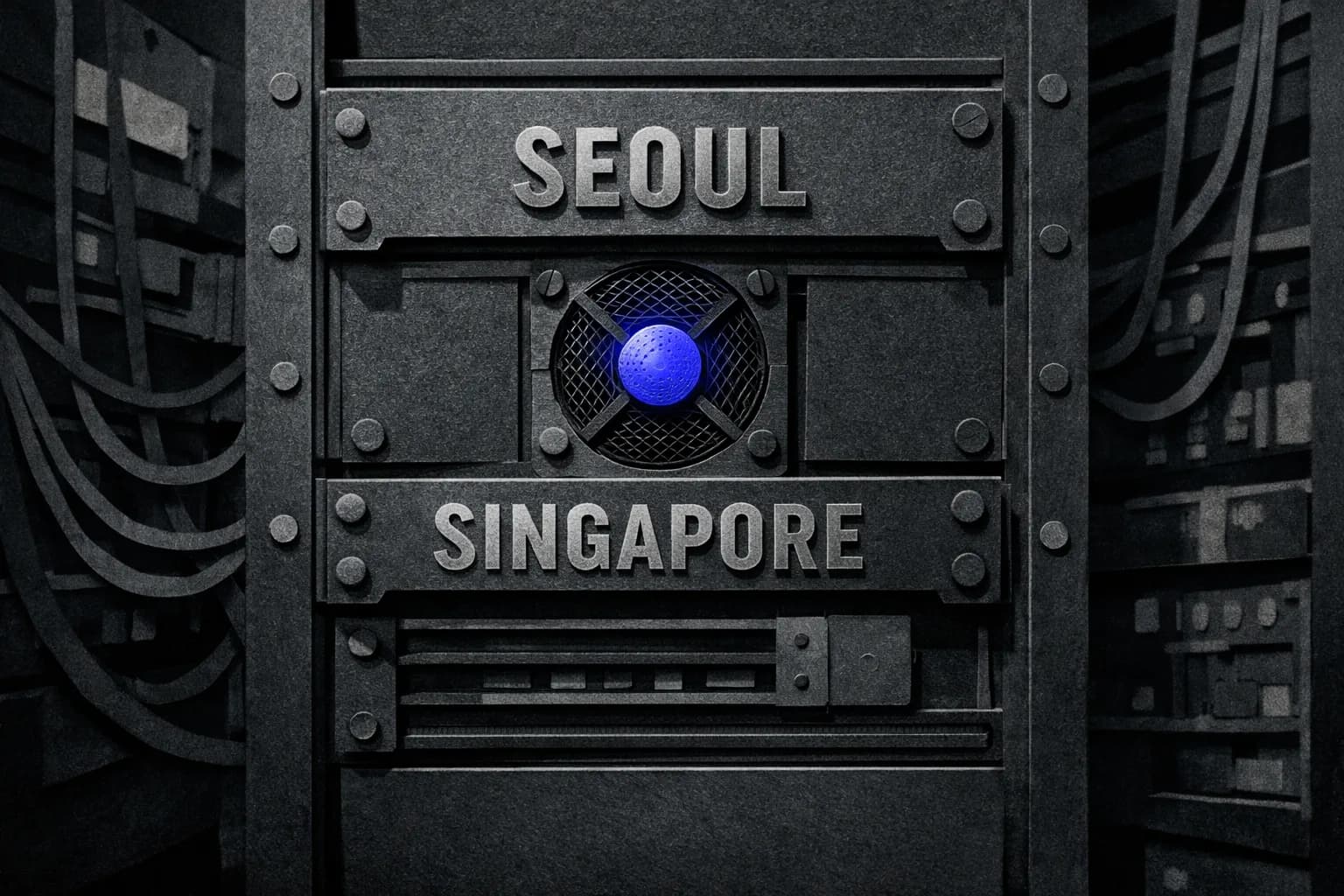 A close-up of a heavy, industrial server rack stamped with 'Seoul' and 'Singapore' in metallic letters, positioned inside a…