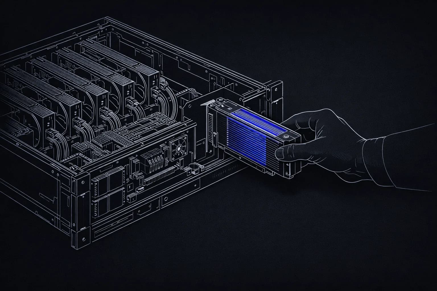 A close-up of a rack-mounted GPU server in a brightly lit data center, its metal panels open to reveal rows of humming…