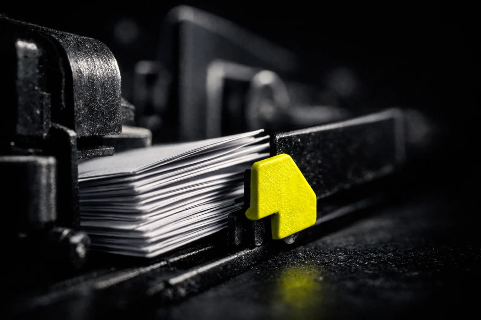 A row of industrial mail-sorting machines in a brightly lit warehouse, each machine swiftly processing stacks of paper…