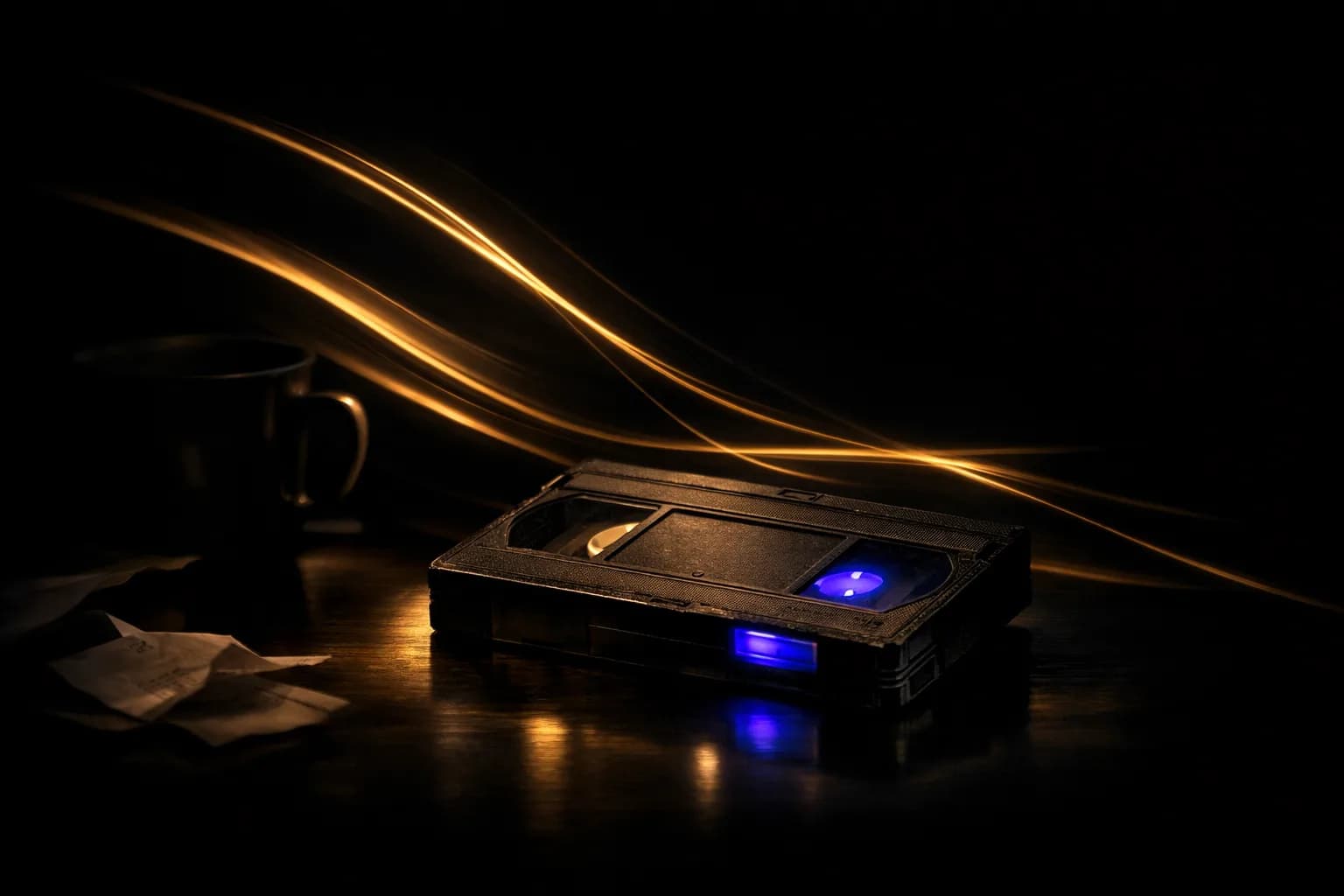 A sturdy, well-used video cassette tape resting on a wooden desk, surrounded by note scraps and a coffee mug, lit by warm…