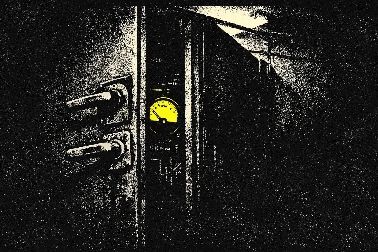 A heavy, industrial control room door with worn handles, slightly ajar, revealing the faint glow of complex wiring and…