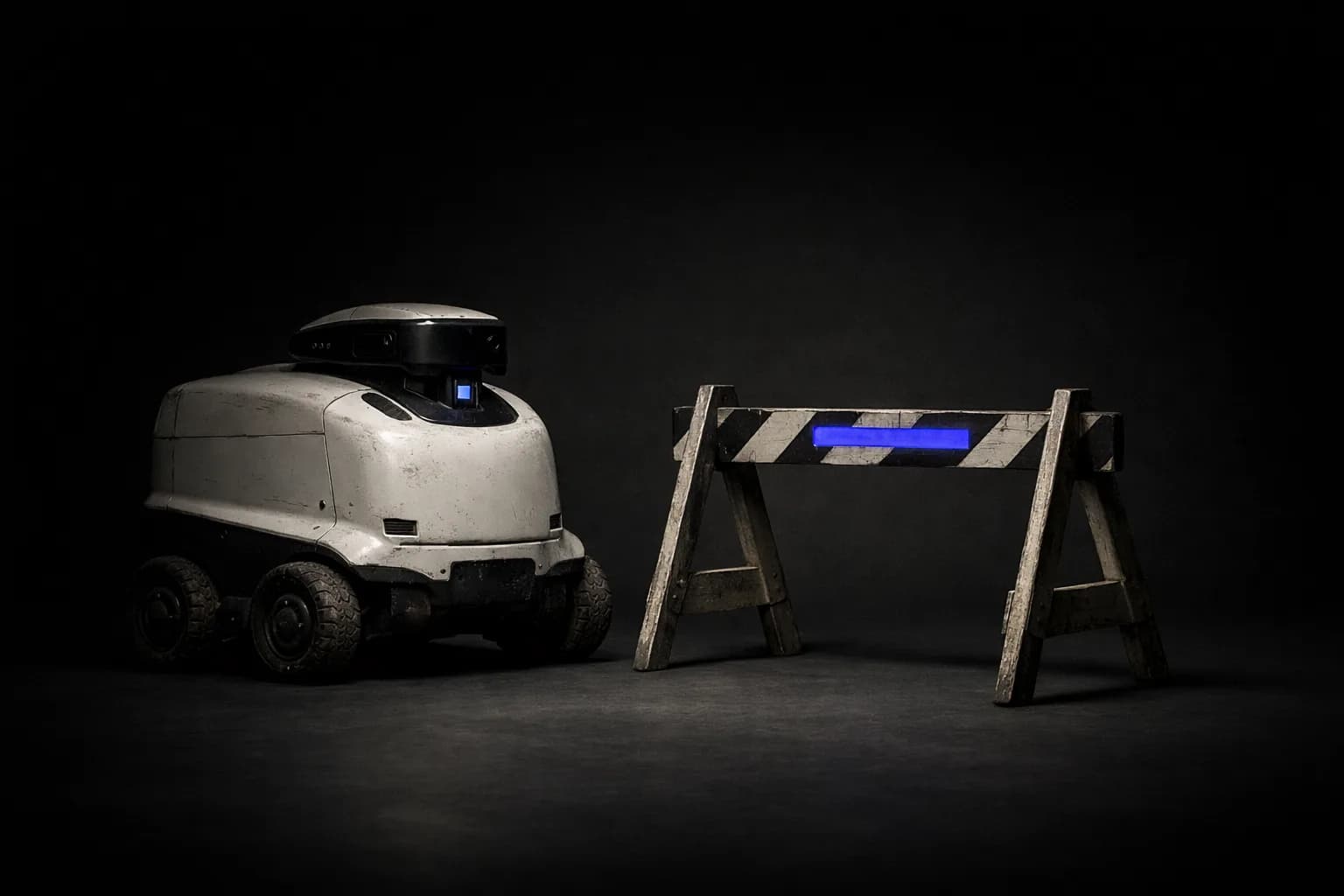 A bulky white delivery robot with scuffed wheels stands motionless on a Philadelphia sidewalk, blocked by an empty crosswalk…