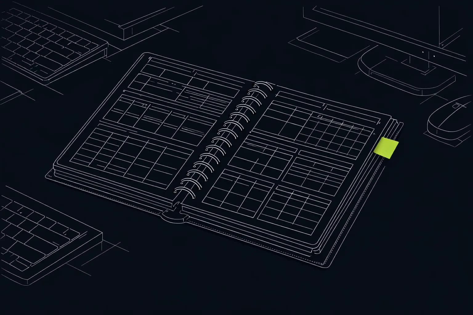 A close-up of a paper notebook page covered in neatly organized tables and headings, sitting on a cluttered desk at night…