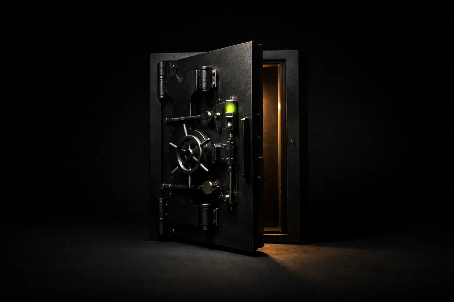 A secure server room at dusk with a single, heavy metal door slightly ajar, revealing an intricate locking mechanism and a…