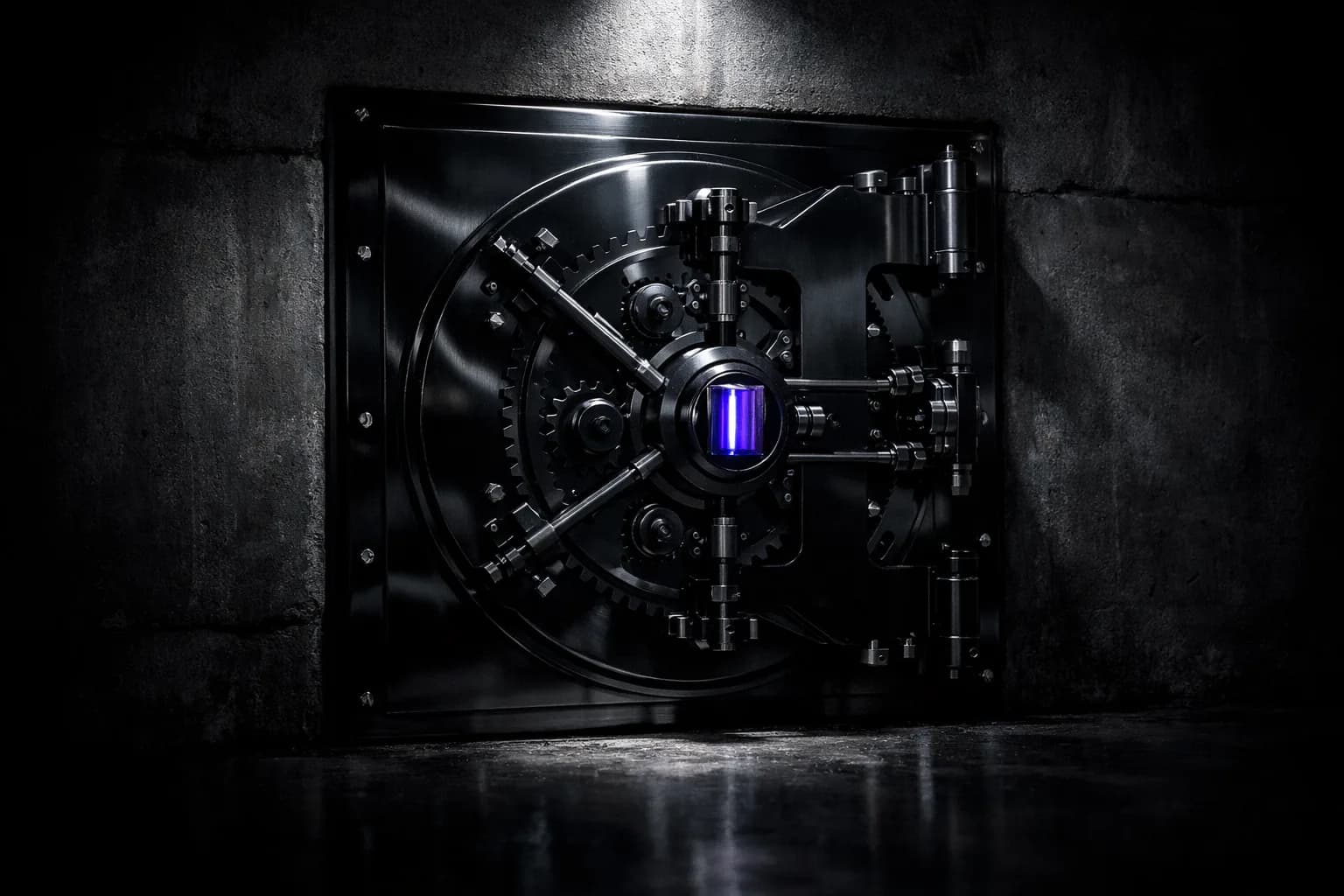 A polished obsidian security vault door embedded in a concrete wall, faintly illuminated by a shaft of cool white light from…
