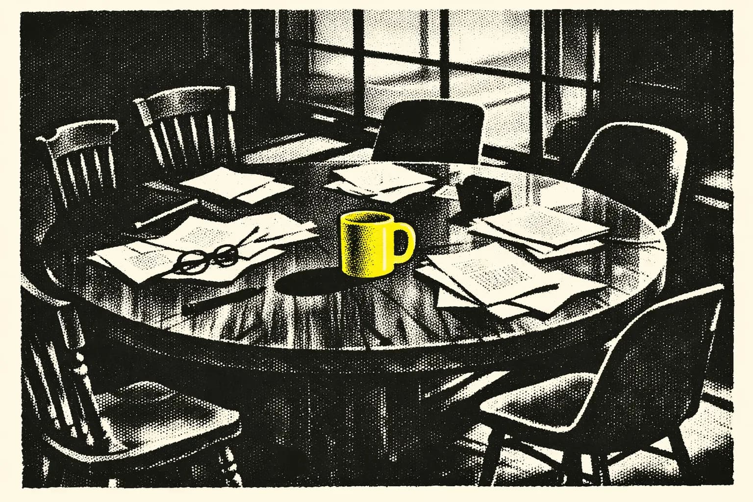 A heavy oak roundtable surrounded by mismatched chairs, some modern, some antique, set in a bright, glass-walled meeting…