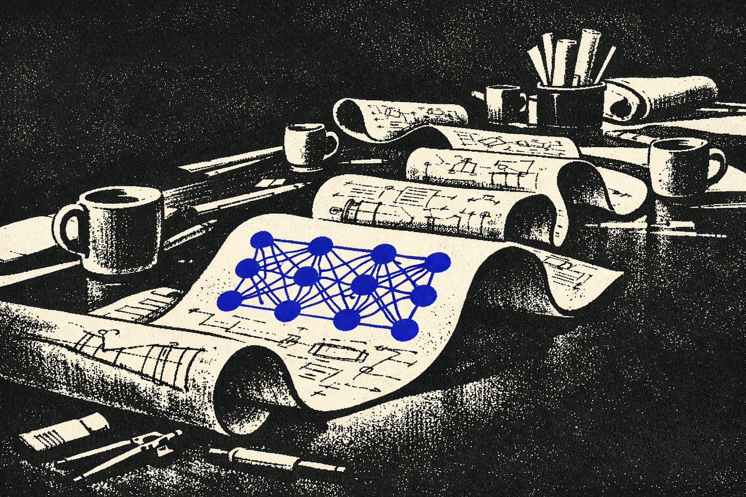 A long, winding physical scroll covered in diagrams and handwritten notes stretches across a modern worktable in soft…