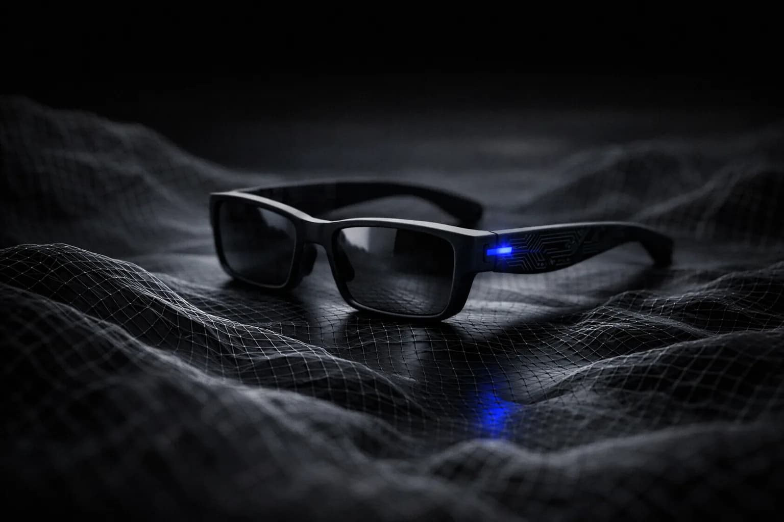 A pair of modern smart glasses resting on a polished wooden work desk, lenses reflecting natural daylight from a nearby…