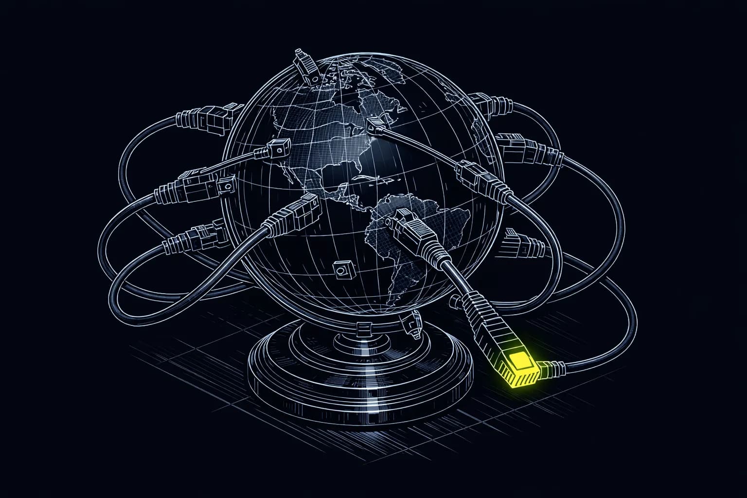 A vintage brass world globe surrounded by sturdy metal network cables, each cable connected to different geographic points…