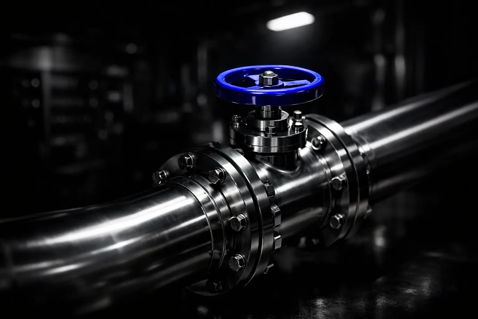A heavy-duty, stainless steel pipeline running through a bright, modern data lab, its valves and joints gleaming under…