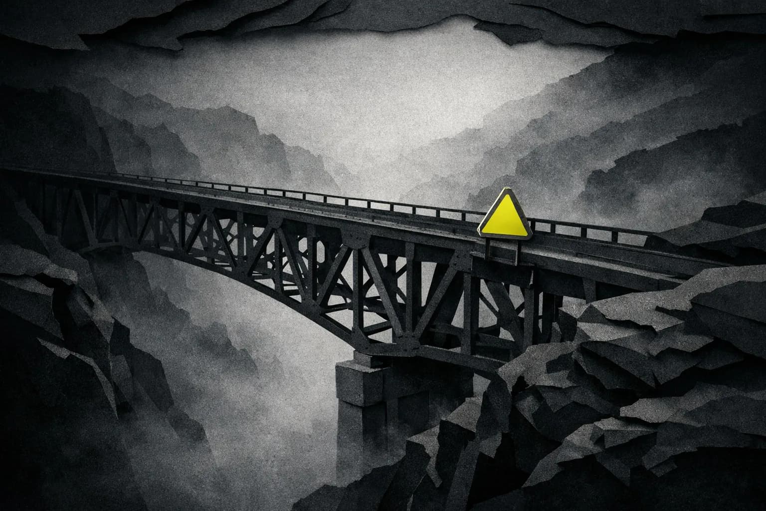 A rugged, weathered steel bridge shrouded in morning fog, stretching across a deep canyon.