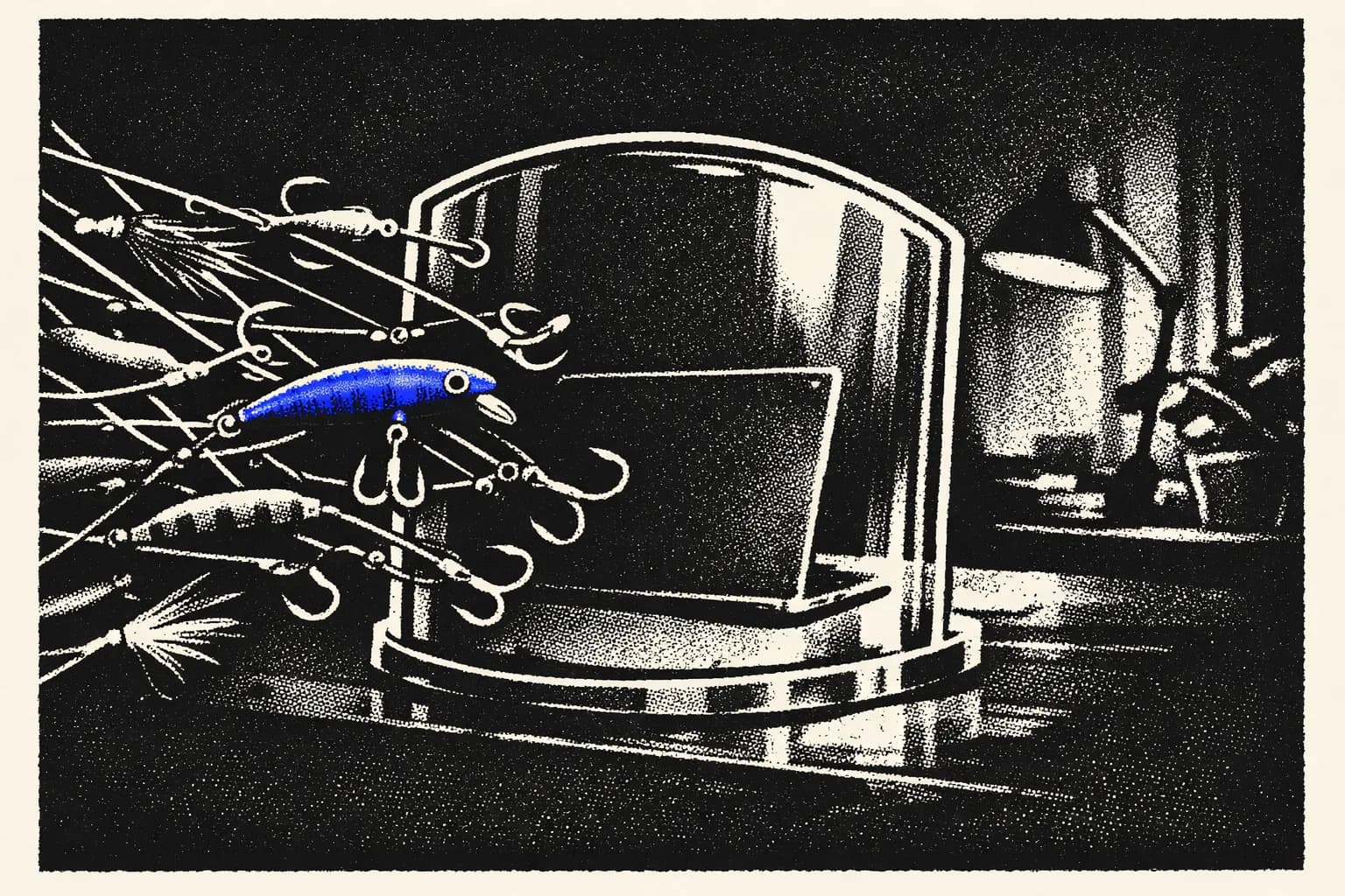 A thick, clear glass shield set in a warmly-lit home office, physically blocking a tangled web of colorful fishing lures and…