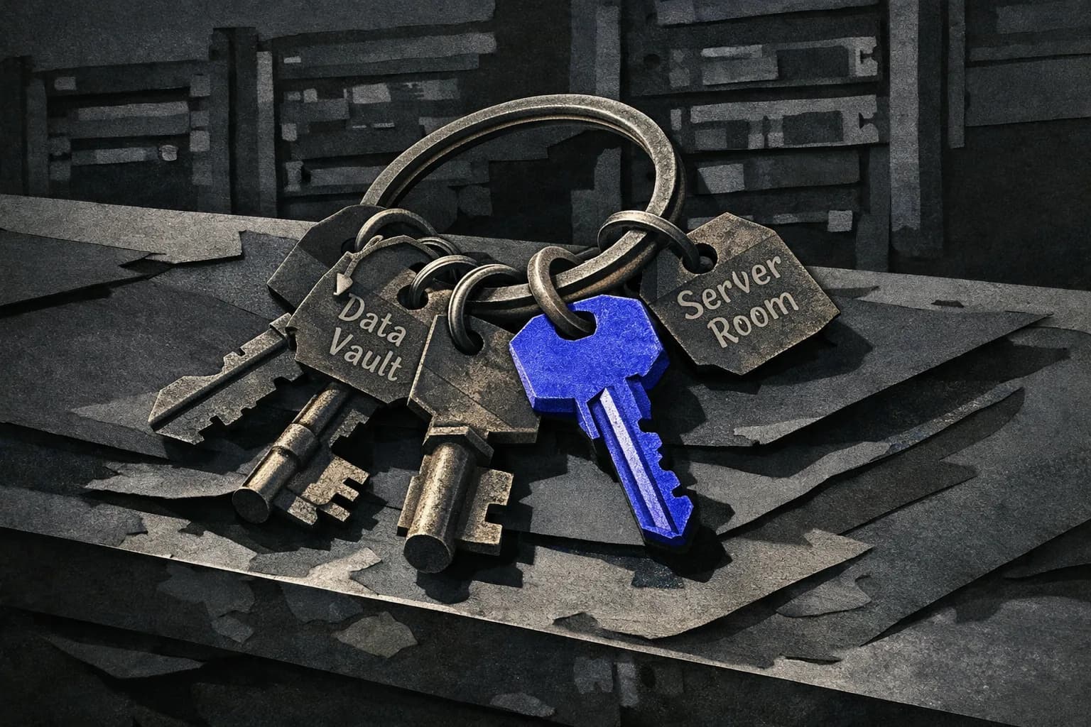 A weathered industrial keyring holding several distinct, heavy keys, each labeled for different secure doors, resting on a…