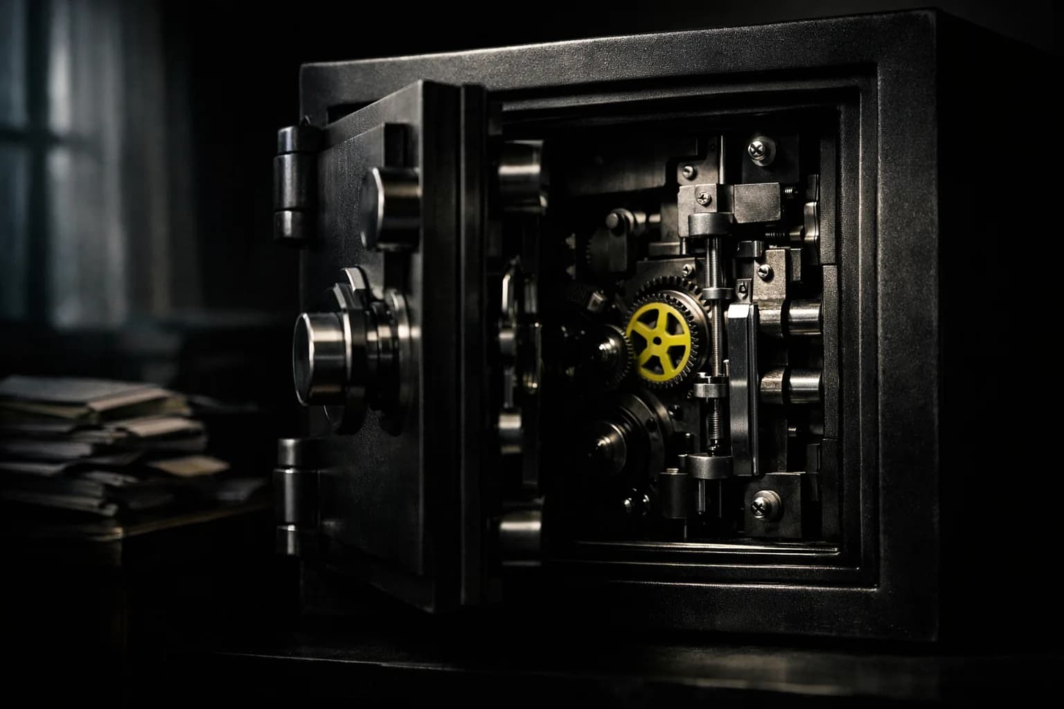A close-up of a heavy steel safe with its thick door swung open, revealing intricate, visible mechanisms inside.