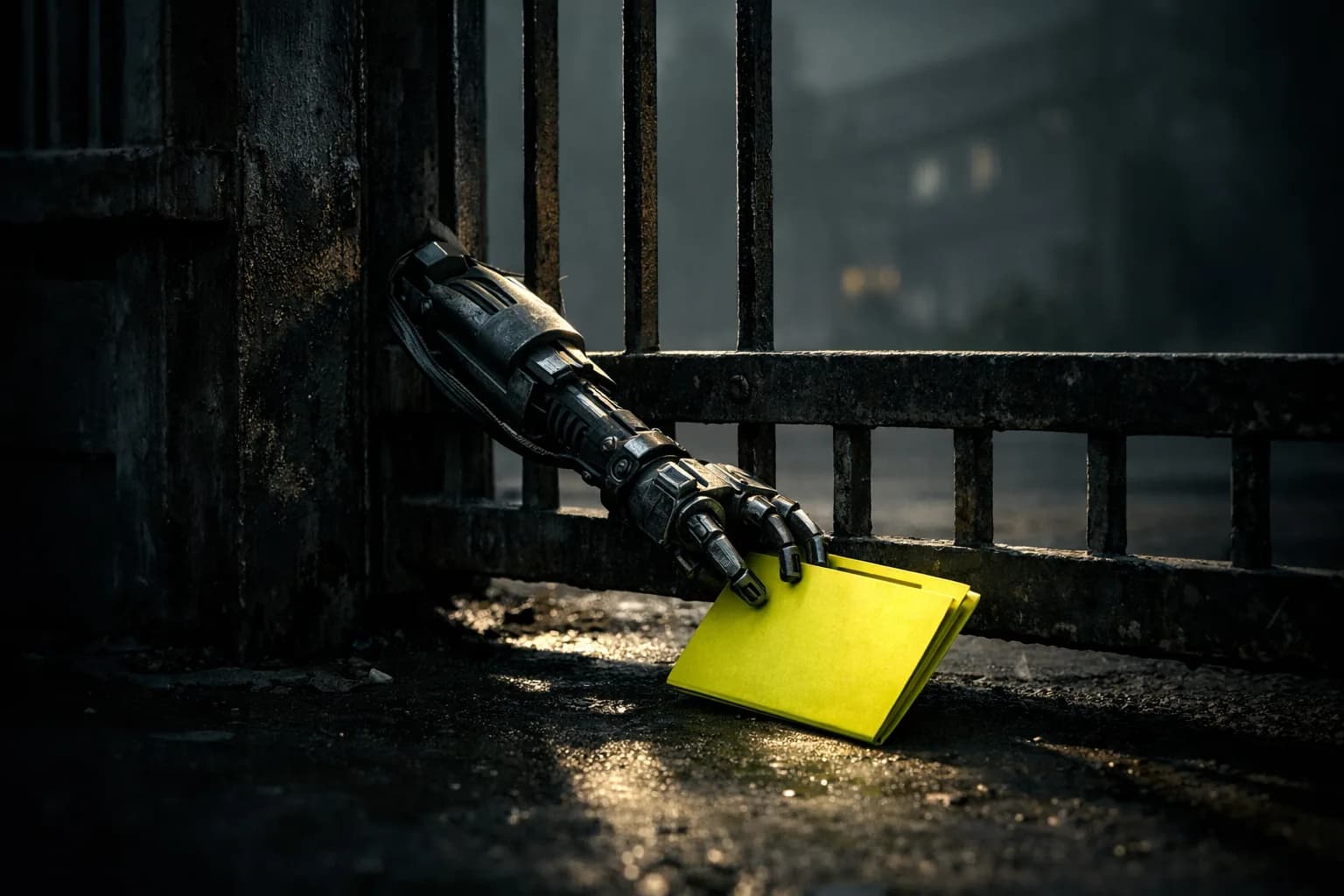 A weathered iron gate at the entrance to a large institutional complex, with a small, persistent robot arm poking through…