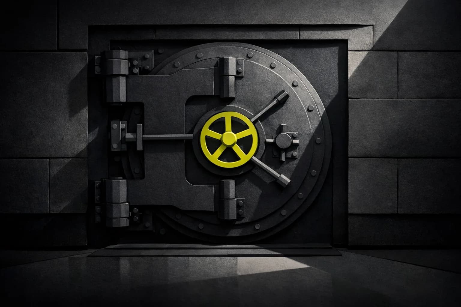 A heavy, sealed vault door set into a concrete wall inside a dimly lit data center.
