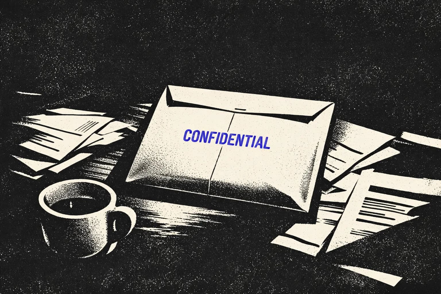 A single sealed manila envelope stamped 'CONFIDENTIAL' sits atop a cluttered wooden desk, surrounded by scattered safety…