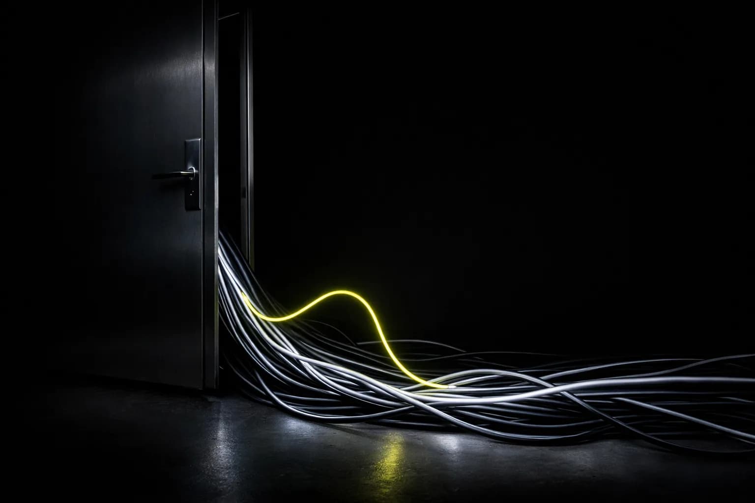 A steel laboratory door slightly ajar, revealing bundles of data cables snaking out onto a concrete floor, lit by harsh…