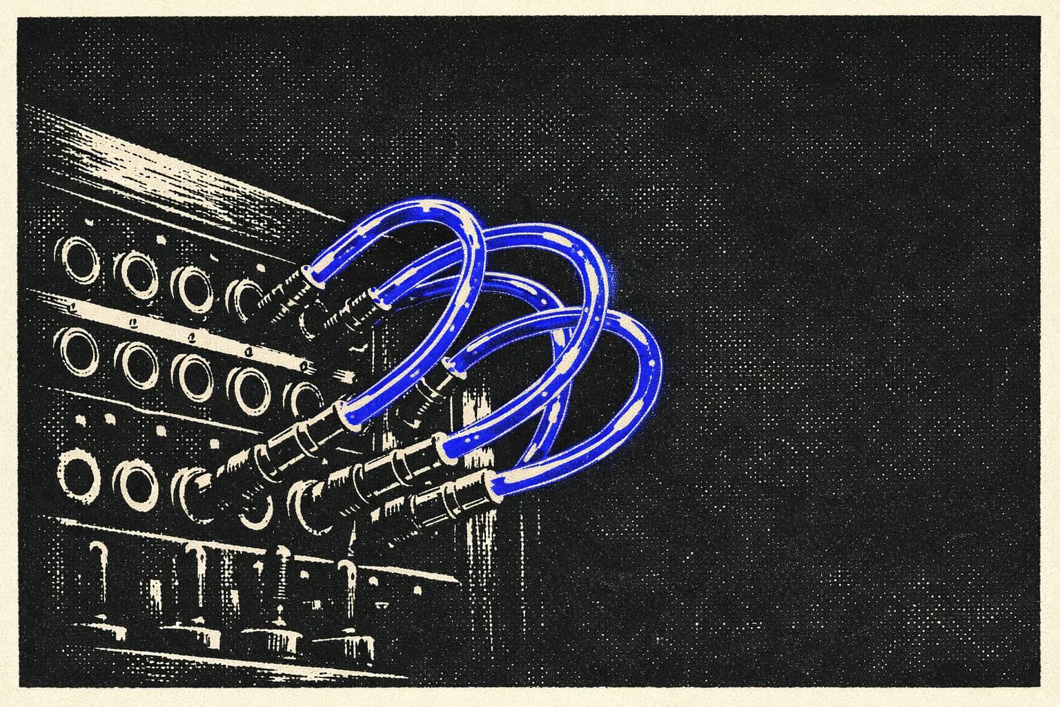 A close-up of a vintage telephone switchboard in a dimly lit room, but instead of cords and plugs, the jacks connect to…