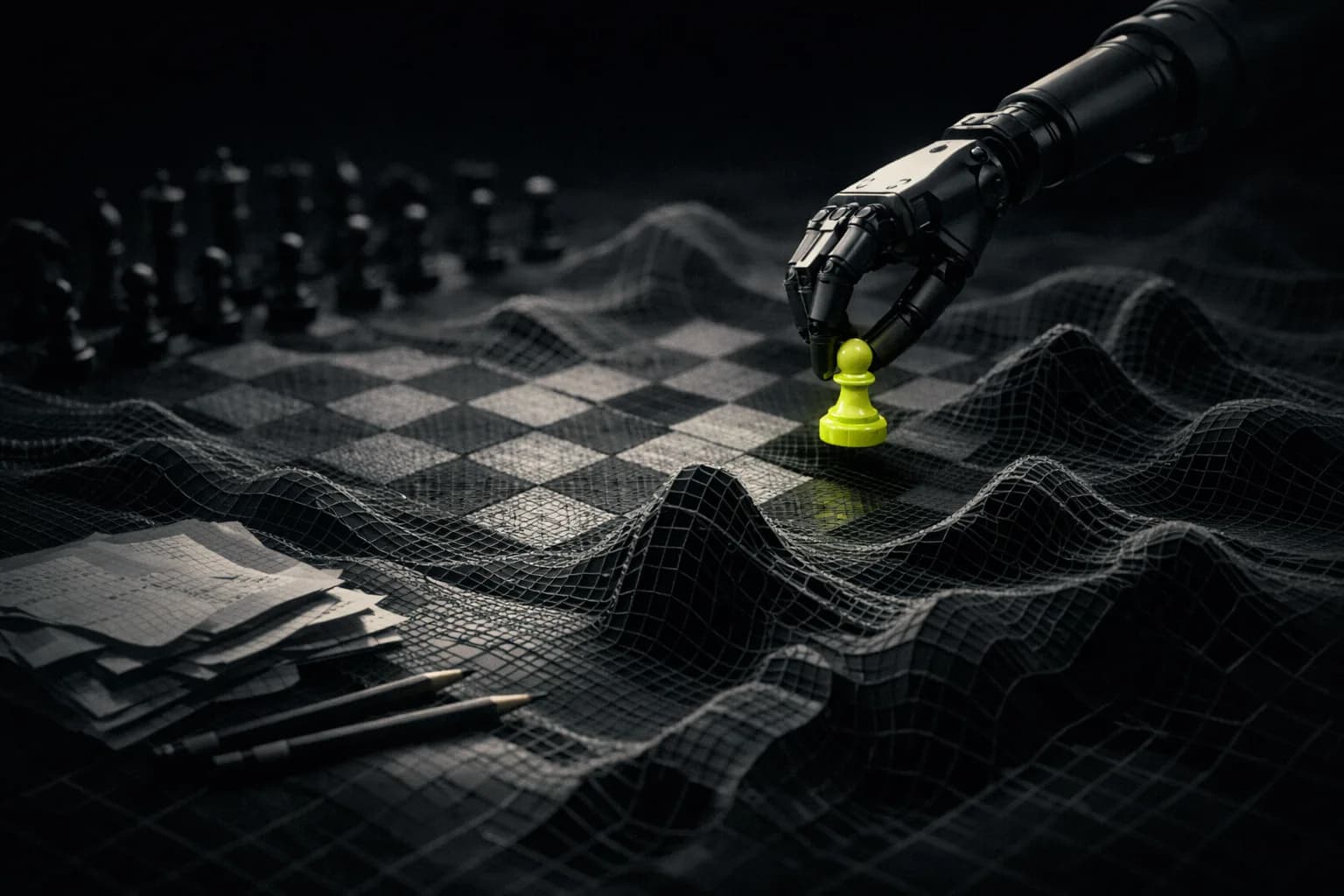 A weathered chessboard in a sunlit boardroom, with a robotic arm confidently moving a pawn—contrasting with old, manually…