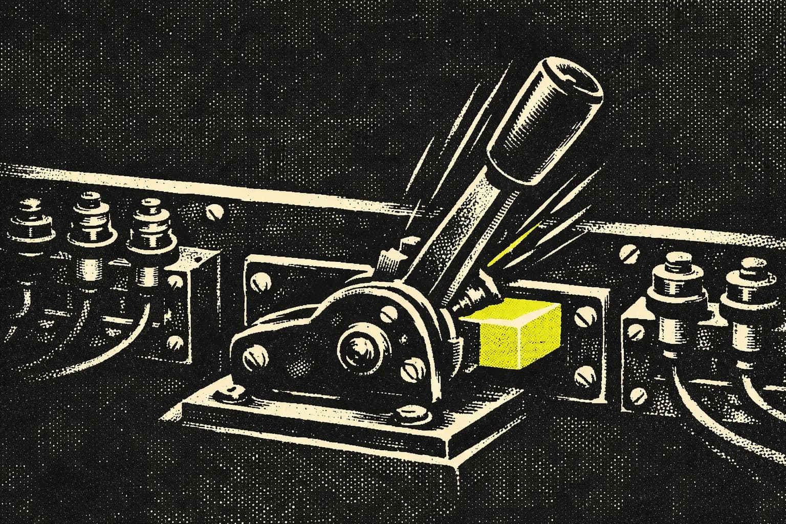 A close-up of a mechanical switchboard in a retro-futuristic developer workspace, with one large lever being moved from a…