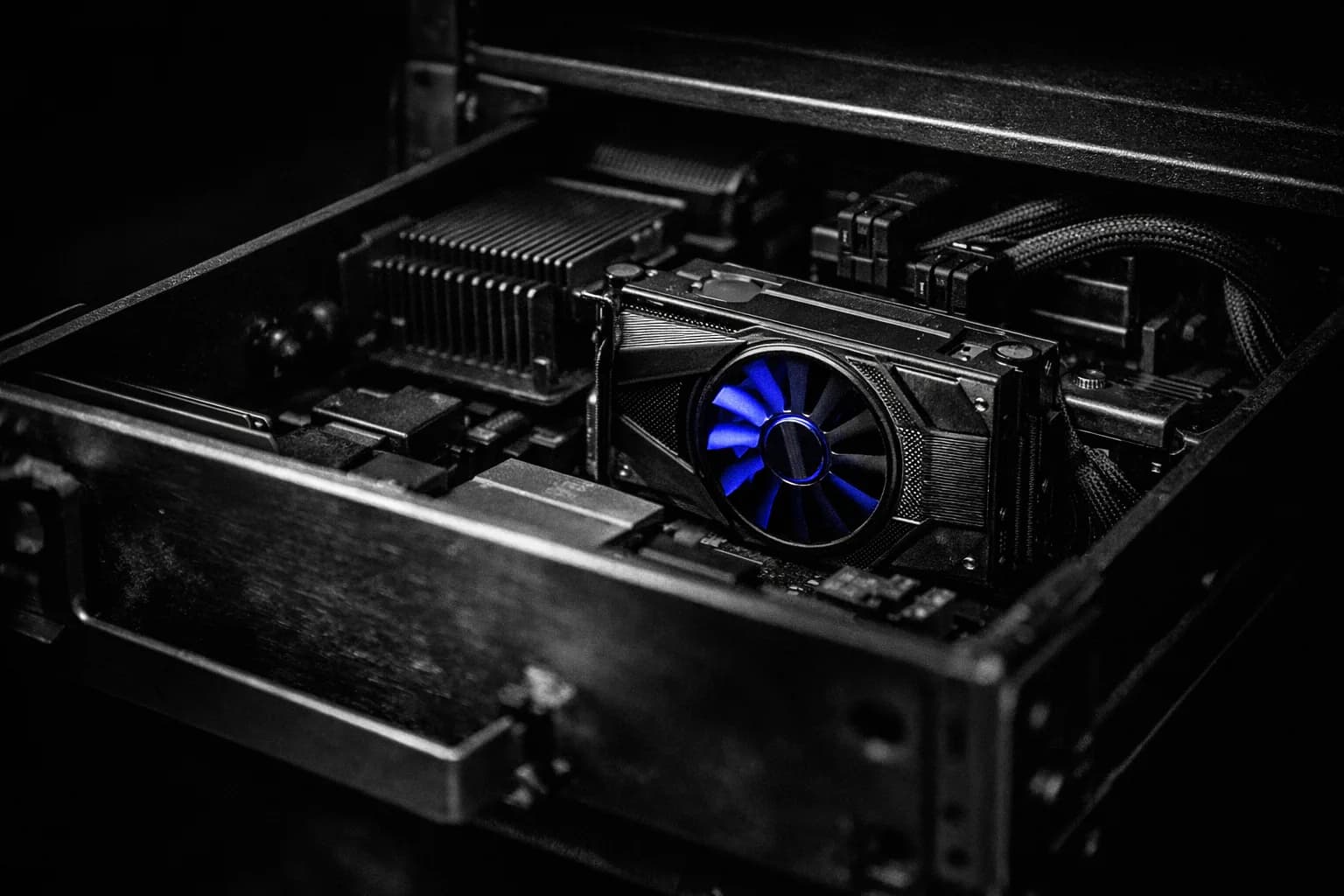 A close-up of a server rack drawer being slid open inside a modern, dimly lit data center, revealing a tangle of marked GPU…