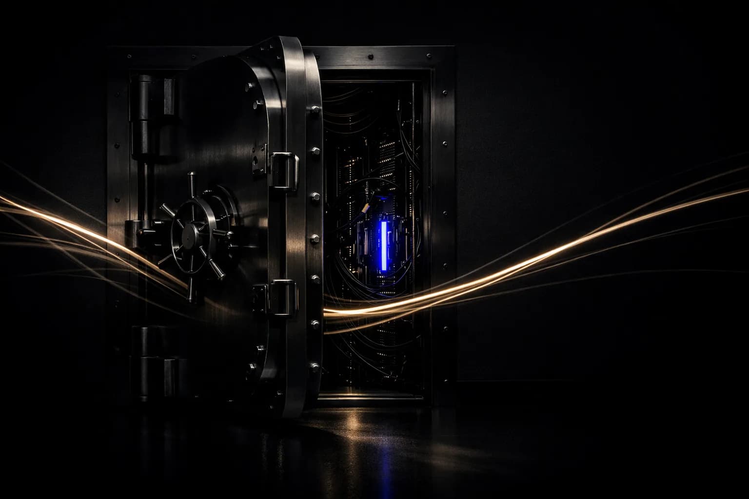 A heavy steel vault door, slightly open, revealing an intricate latticework of cables, server racks, and glowing indicator…