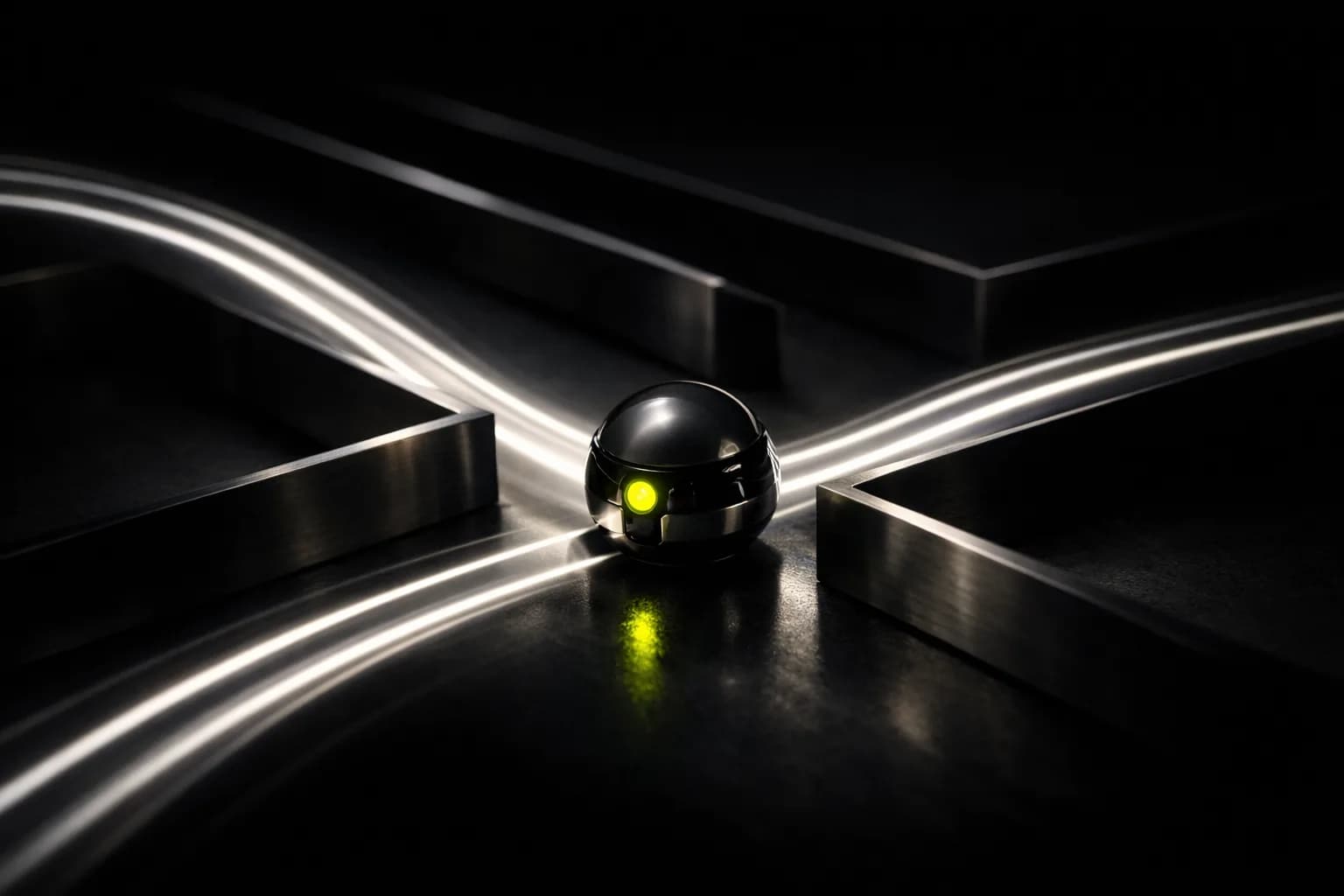 A close-up of a large, shiny metal maze structure under natural daylight, with a small robotic sphere at an intersection…
