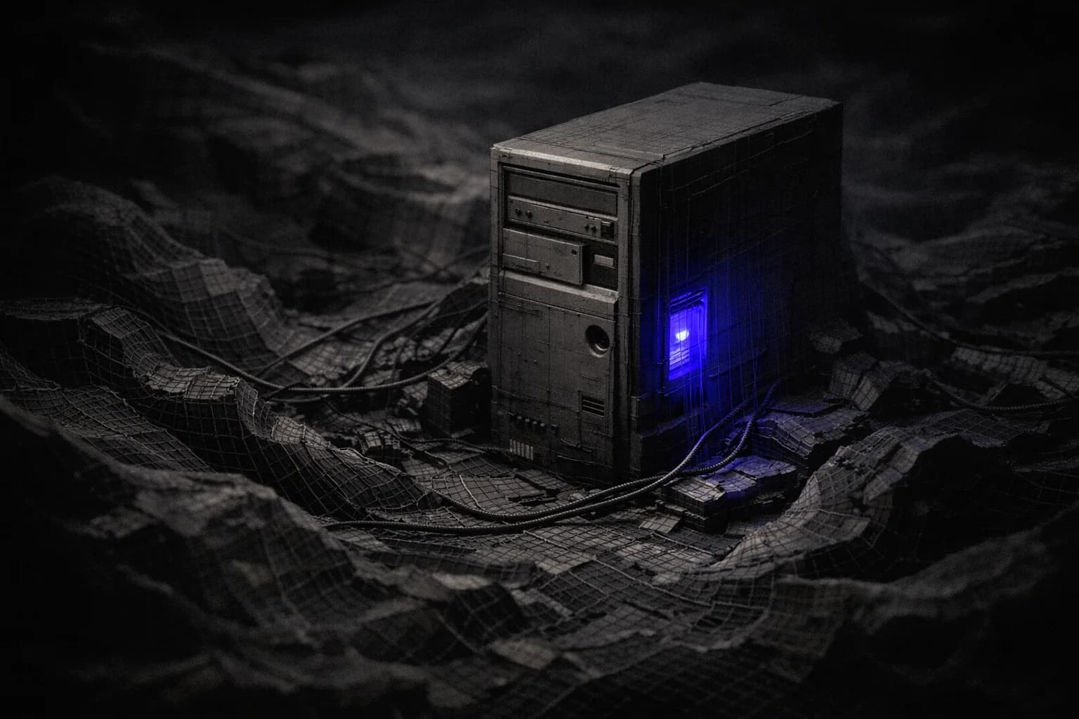 A vintage, well-used desktop computer tower sits on a cluttered workbench surrounded by StarCraft game boxes, tangled wires…